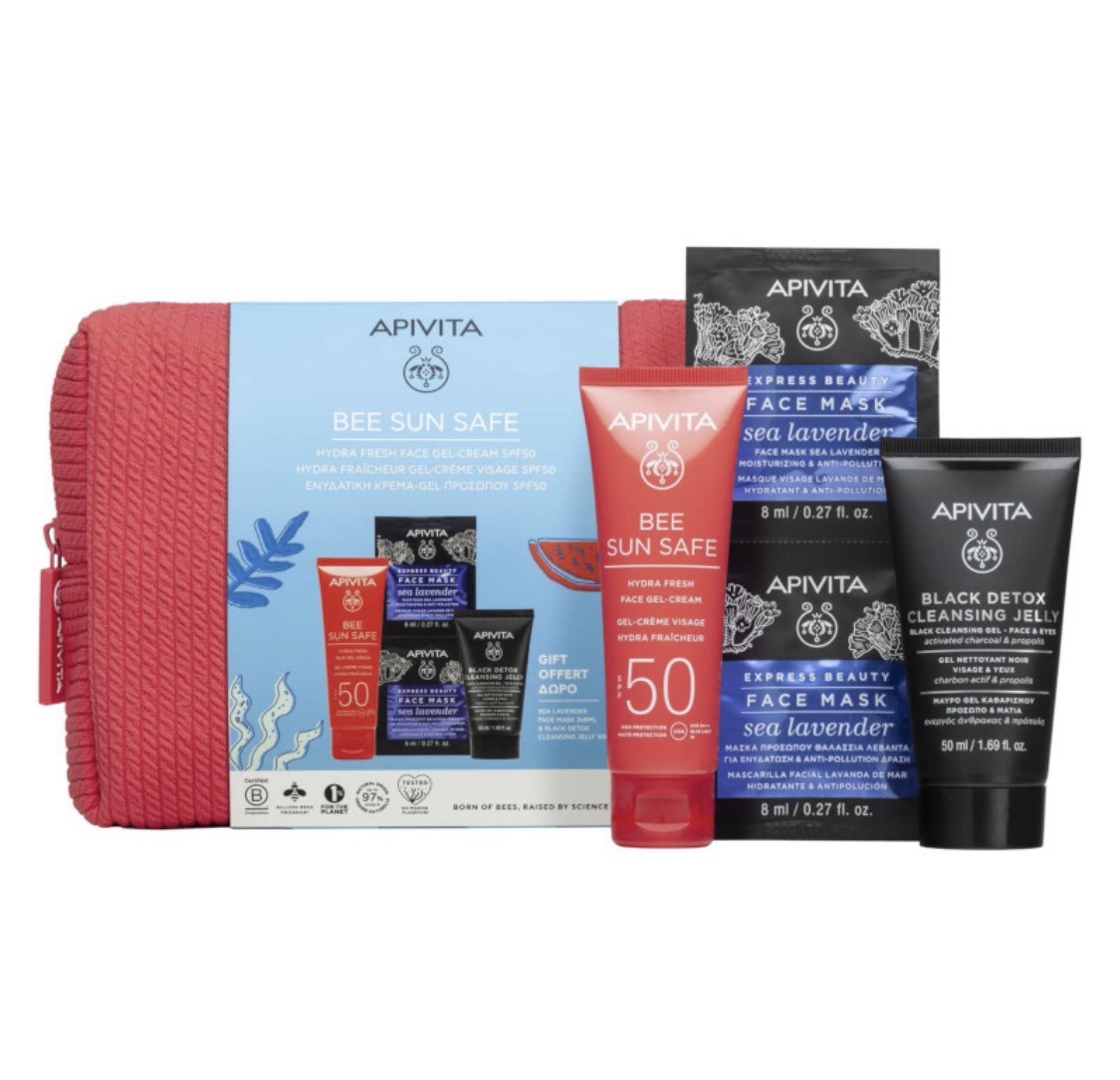Apivita Promo Bee Sun Safe Hydra Sensitive Soothing Face Cream Καταπραϋντική Κρέμα Προσώπου SPF50+, 50ml & Δώρο Black Detox Cleansing Jelly Μαύρο Gel Kαθαρισμού, 50ml & Express Beauty Face Mask Sea Lavender Μάσκα Προσώπου Θαλάσσια Λεβάντα, 2x8ml, 1σετ